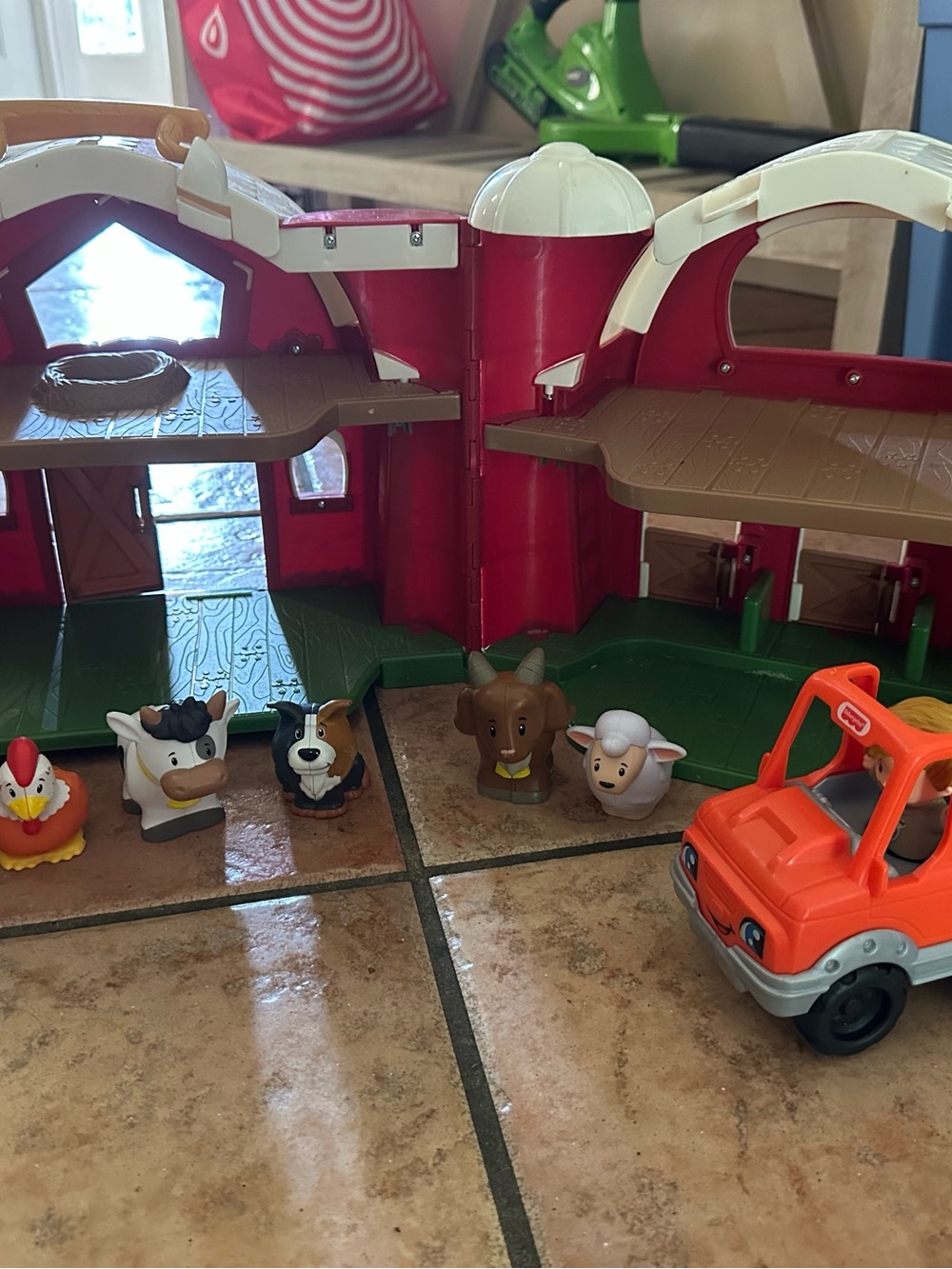 Red Barn Playset with Fishers Price Orange Truck and Farm Animal Figures